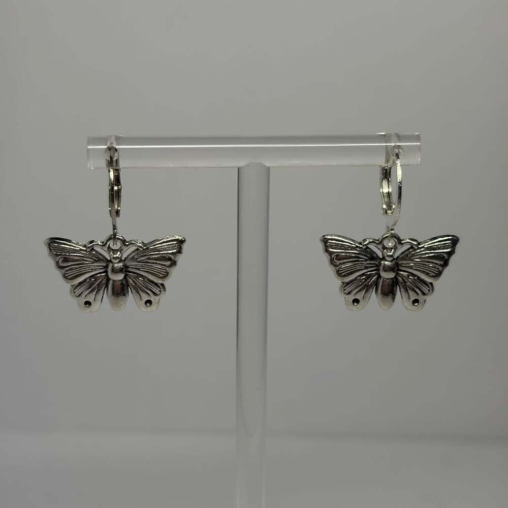 Stainless Steel Silver Tone Butterfly Dangle Leverback Earrings